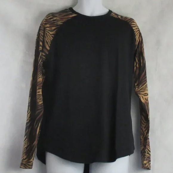 Tops - Women’s Black Top with Brown Tiger-Print Raglan Sleeves